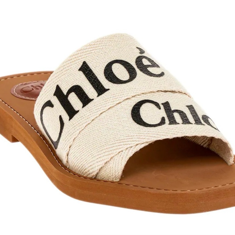 Chloé Cream Canvas Logo Slide Sandals with Brown Footbed